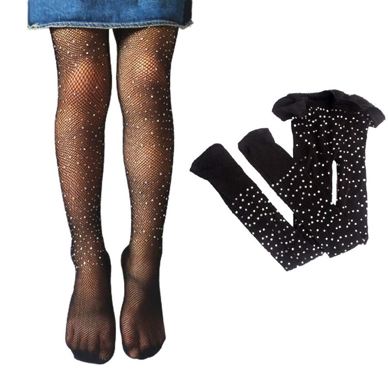 Looching Little Girls Thin Rhinestone Fishnet Sparkle Tights Toddler Kids Glitter Stockings Footed Net Leggings Pantyhose(Black,1-3T) - Image 1